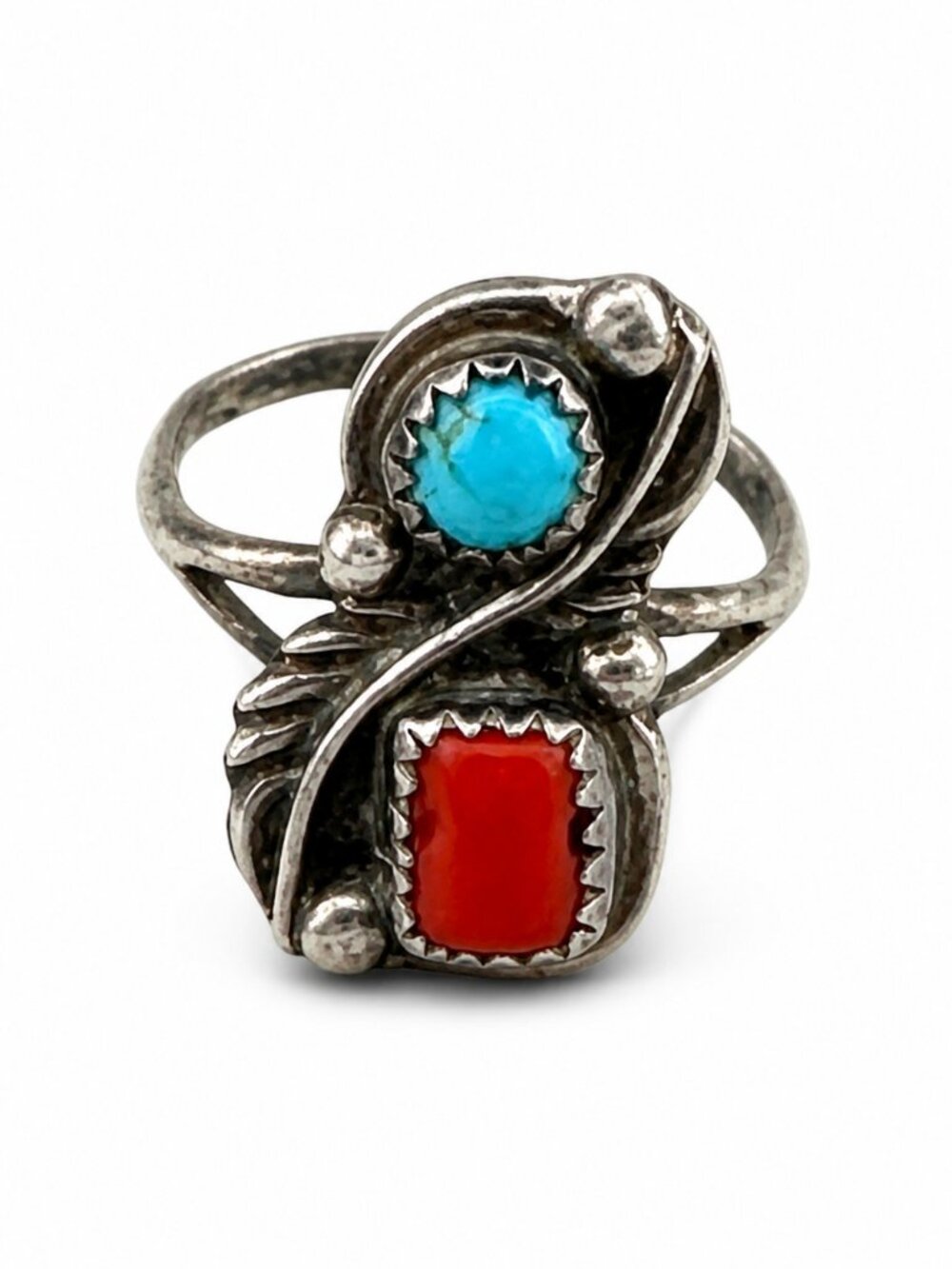Native American Turquoise Coral Ring Sterling Silver Estate Vintage Size 7